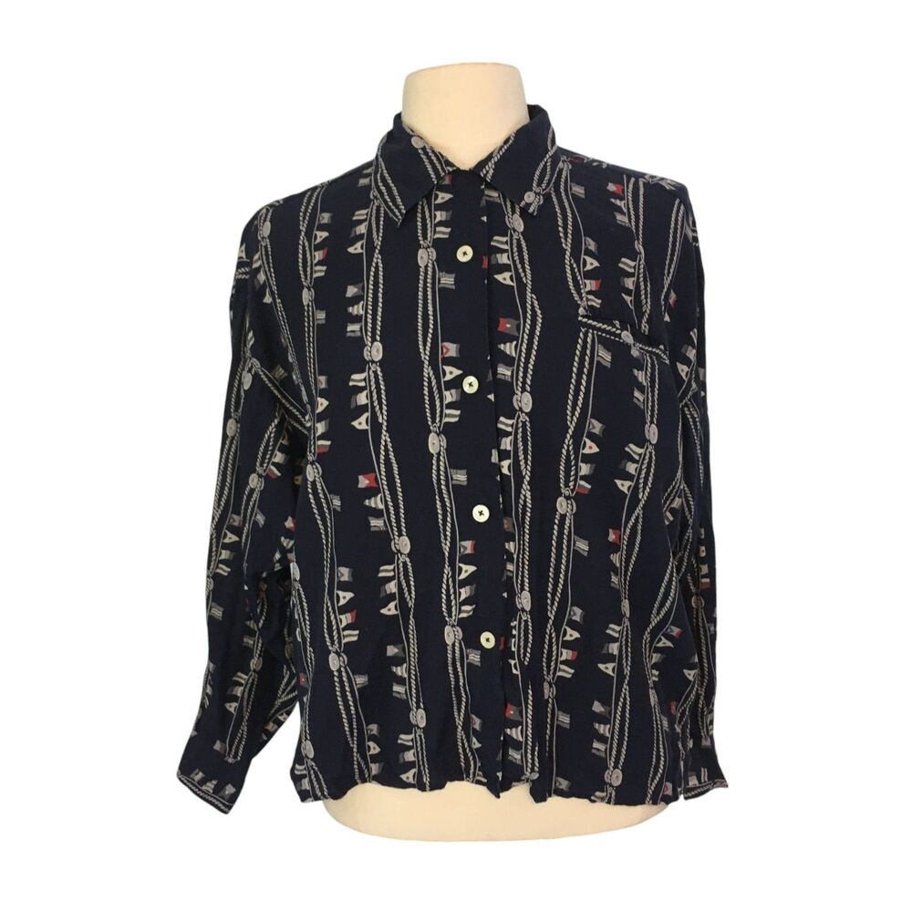 Espirit Sport Vintage 80s Navy Blue Nautical Print Button Front Shirt, Top‎ sz S